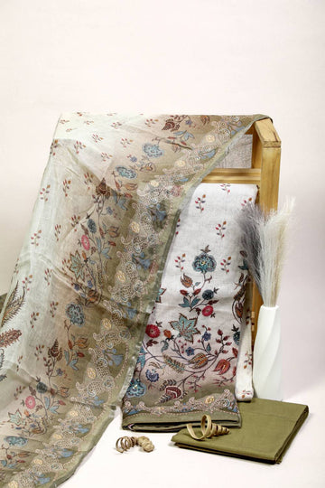 Purely Linen Rich Embroidered Thistle Green Unstitched Suit Set Geetha Creation